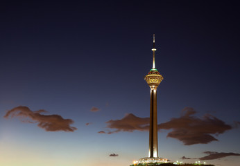 Obraz premium Milad Tower Against Blue Sky of Dusk in Tehran