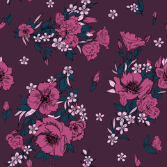 seamless beautiful hand drawn anemone flowers in buckets with little ditsy pattern, summer colorful background allover print