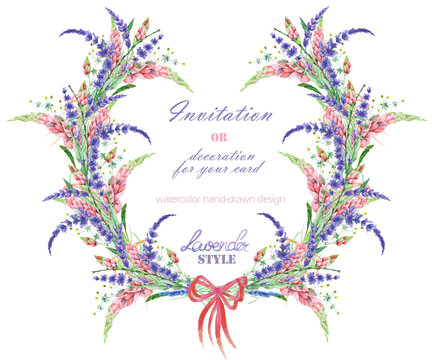Wreath with the floral design; elements of the lavender, wildflowers and lupine flowers, hand-drawn in a watercolor;  decoration for a wedding, greeting card on a white background