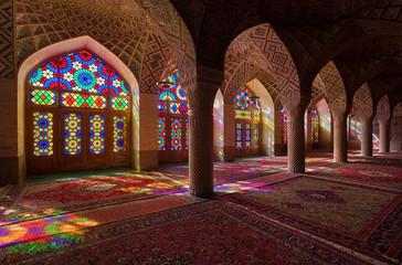 Fototapeta na wymiar Nasirolmolk Mosque with Colorful Stained Glass Windows in Shiraz
