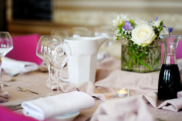 Beautiful table set for some festive event or wedding reception