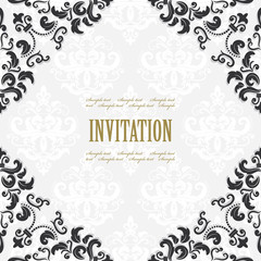 Filigree square frame on damask. Invitation card template.