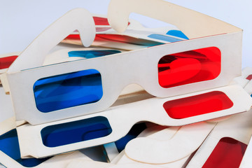 Used 3D paper glasses isolated on white background.