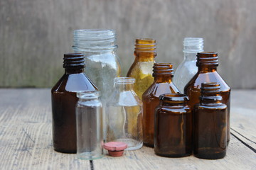 Multicolored pharmacy bottles