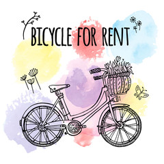 Bicycle for rent. Banner with slogan on colorful watercolor background. Vector illustration