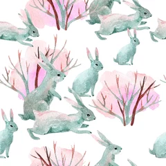 Wall murals Rabbit Rabbit in winter. Watercolor seamless pattern