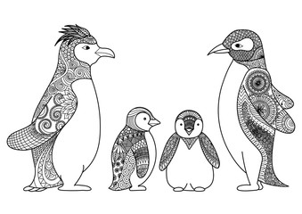 Naklejka premium Penguins line art design for coloring book for adult, T shirt design, cards and so on