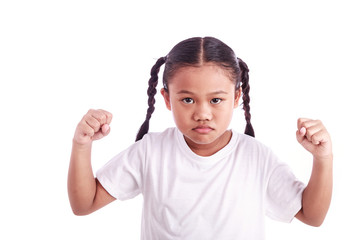 Portrait of young Asian girl isolated on white : Angry concept