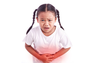 Portrait of young Asian girl isolated on white : Stomachache con