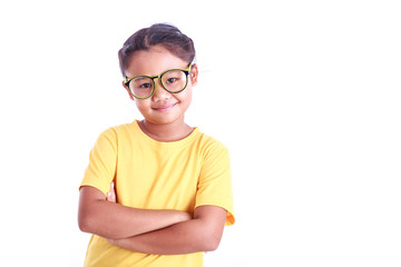 Portrait of young Asian girl wear glasses isolated on white