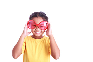 Portrait of young Asian girl wear glasses isolated on white