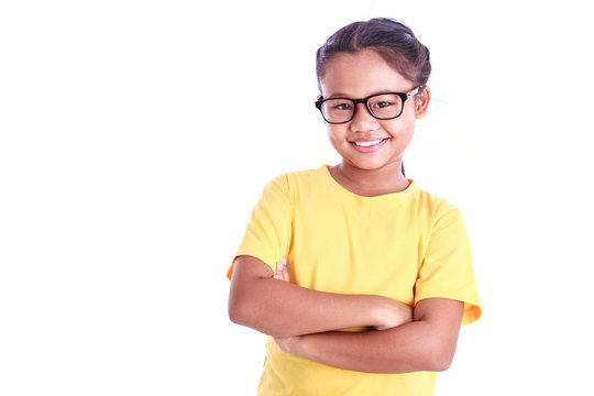 Portrait Of Young Asian Girl Wear Glasses Isolated On White