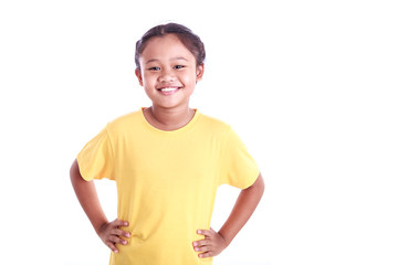 Portrait of young Asian girl with arms akimbo isolated on white