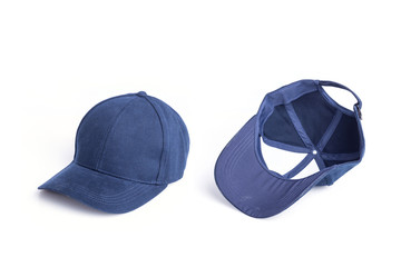 Close up new blue baseball hat isolated on white