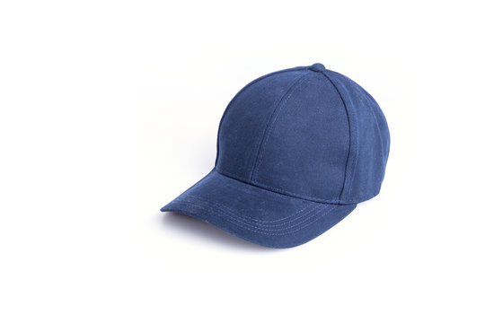 Close up new blue baseball hat isolated on white