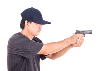 Portrait of Asian man holding gun isolated on white