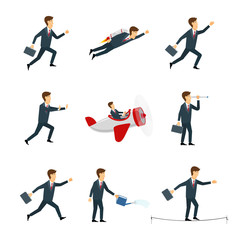 Fototapeta na wymiar Vector Set of business people. Businessman walking to the success, businessman is in different situations. Vector illustration.