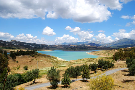 View across Lake Vinuela towards the mountains, Andalusia, Spain.