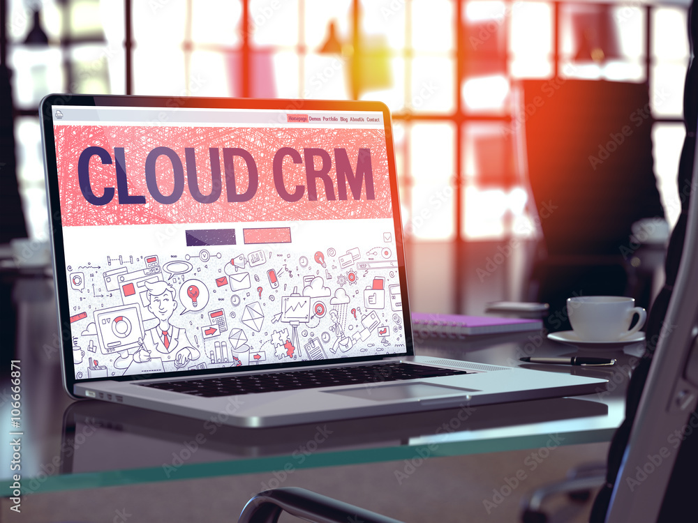 Poster cloud crm - customer relationship management - concept - closeup on landing page of laptop screen in