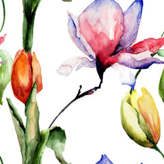 Seamless pattern with Tulips and Magnolia flowers