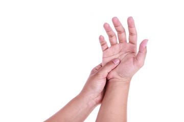 Obraz premium Close up woman's holding her hand isolated on white. Hand pain c