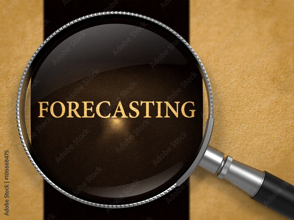 Aufkleber forecasting through lens on old paper with black vertical line background. 3d render.