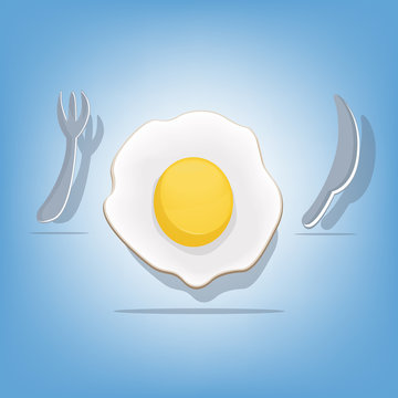 Fried egg with fork and knife. (Food Cartoon Vector Illustration