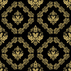 Damask seamless ornament. Traditional pattern. Classic oriental black and golden background