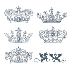 Tattoo. Crown with a vegetative ornament on a white background. Set. Vector illustration.