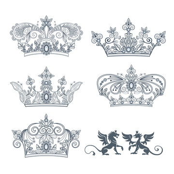 Tattoo. Crown with a vegetative ornament on a white background. Set. Vector illustration.