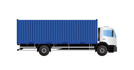 White truck with blue container side view on white background, vector eps10 illustration