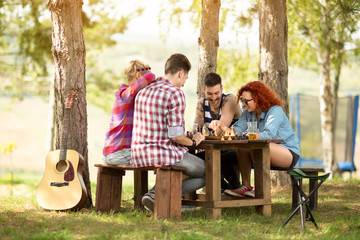 Youth having fun playing chess in wood