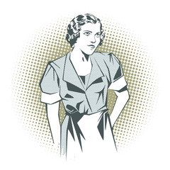 Stock illustration. People in retro style pop art and vintage advertising. Girl waitress.