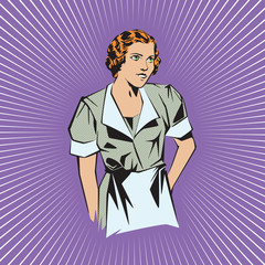 Stock illustration. People in retro style pop art and vintage advertising. Girl waitress.
