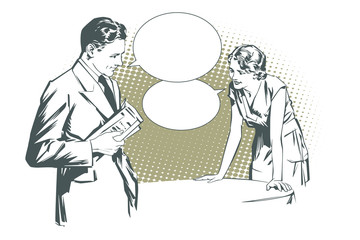 Stock illustration. People in retro style pop art and vintage advertising. Client cafes talking with the waitress.