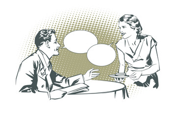 Stock illustration. People in retro style pop art and vintage advertising. Client cafes talking with the waitress.