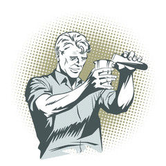 People in retro style pop art and vintage advertising. Man doing chemical experiments.