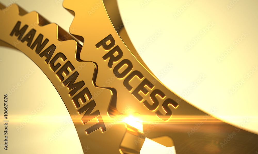 Poster process management on mechanism of golden metallic cogwheels. process management on mechanism of gol