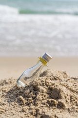 Empty glass bottle on the beach