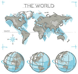 Hand drawn vector concept of Planet Earth Globes and flat World map with sketched oceans.  Marker Pen Sketches with black ink outlines, Equator Line and compass. © vectorbox