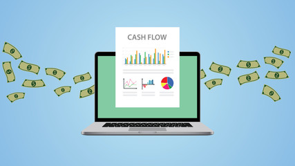 cash flow illustration with laptop money and graph chart - obrazy, fototapety, plakaty