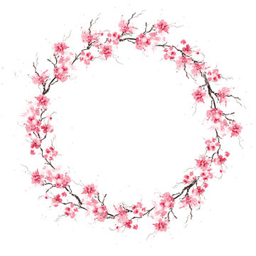 Spring cherry sakura wreath. Original watercolor pattern.