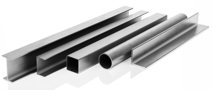 Samples of steel beams and pipes on white background. 3D rendering