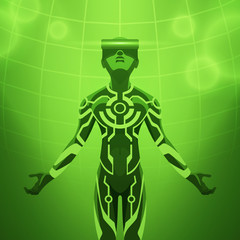 Futuristic male figure in the VR headset. Vector concept illustration