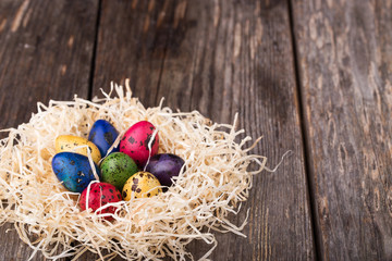 Fototapeta na wymiar Dyed quail eggs in a nest on wooden background