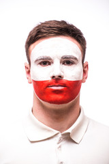 Face Portrait of Polish football fan pray for Poland national team on white background. European 2016 football fans concept.