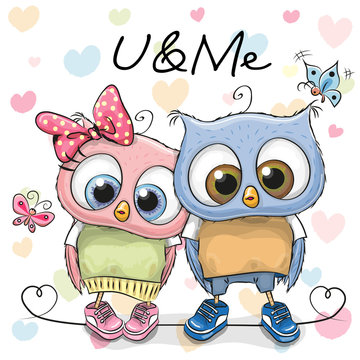 Two cute Cartoon Owls
