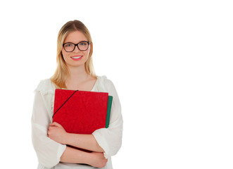 Student blonde girl with red folder