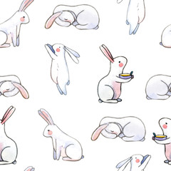joli modèle sans couture avec des lapins aquarelles. Lapins de Pâques