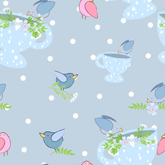 vintage vector seamless pattern with floral elements and hummingbird. summer flower and leaf elements and bird. dots background